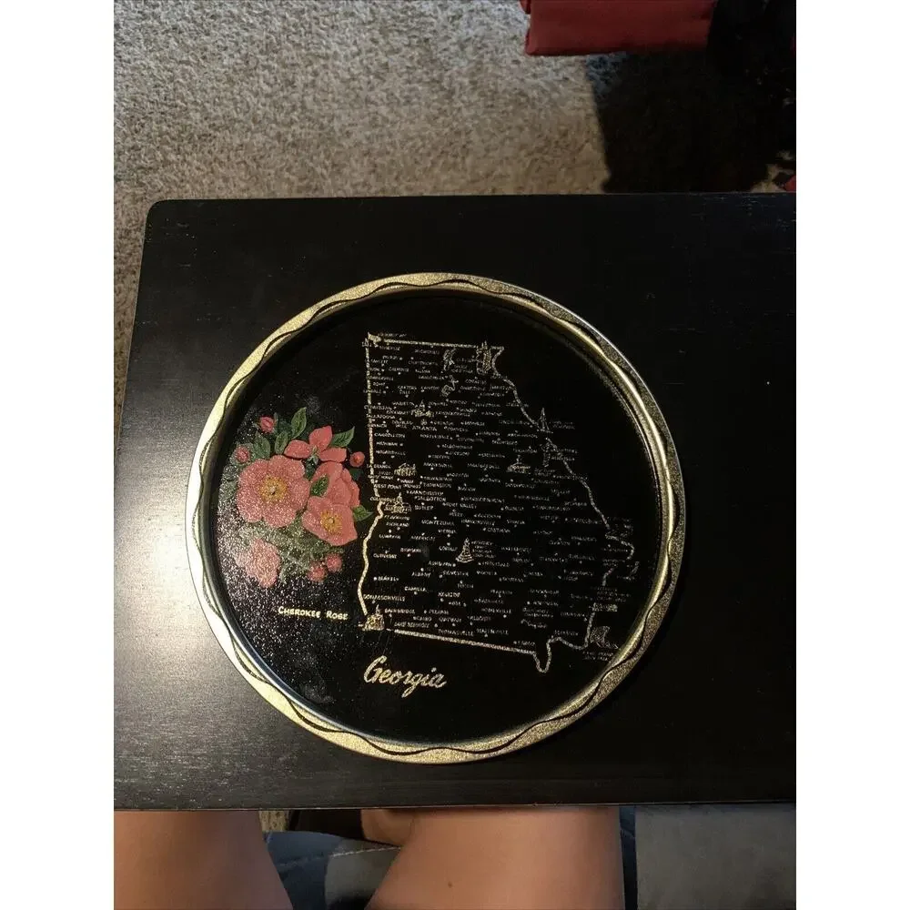 Vintage Toleway Serving Tray Georgia Cherokee Rose Black Gold Color With Flowers